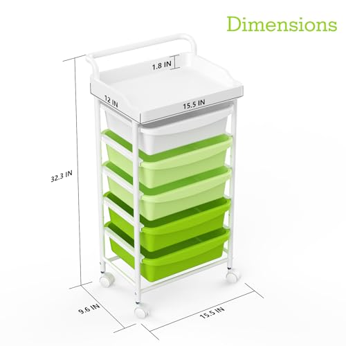 5 Drawers Plastic Rolling Storage Cart with Wheels, Teacher Supply - color: Green
