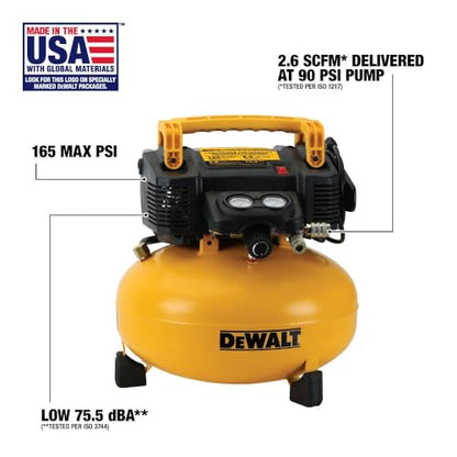 DEWALT Pancake Air Compressor, 6 Gallon, 165 PSI (DWFP55126) | Oil-Free Maintenance-Free Pump, Wood Working, Roofing, Home, Jobsite, 165 Max PSI, 2.6 SCFM @ 90 PSI