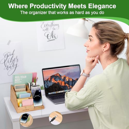 Bamboo Pen Holder for Desk & Nightstand Organizer with Fast Wireless Charging for iPhone, Samsung & More – Office Desk Accessories for Men/Women (Natural) - color: Natural, size: Expanded Size