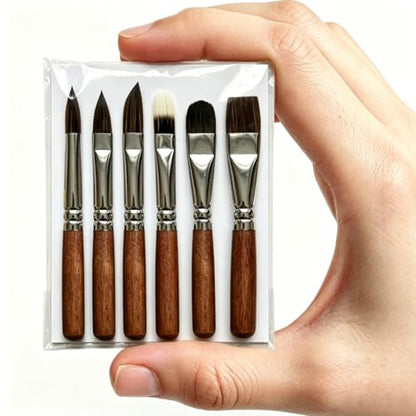 6 pcs Short Handle Watercolor Brushes,Professional Synthetic Squirrel Paint Brush Set for Detail Acrylic Gouache,Travel Art Paintbrushes Includes Round,Cat's Tongue,Dagger,Texture,Shaper,Flat - color: Brown