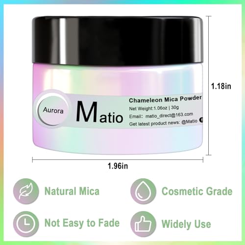 Matio Chameleon Mica Powder, 1.06oz/ 30g Aurora White Chrome Powder | Pearlescent Effect Color Shift Pigment for Resin Craft, Soap Candle Dye, Nail Art,Bath Bomb, Paint, Slime Pigment - color: W-Aurora