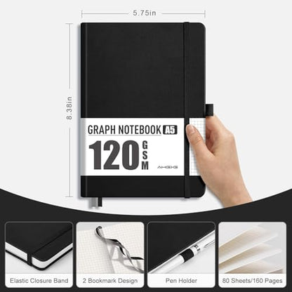AHGXG Graph Paper Notebook, 120 GSM Paper, 160 Pages, A5 (5.7'' X 8.3'') - color: Black, style: A5-Grid-120G