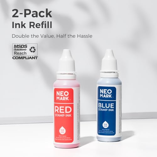 Stamp Ink, 2 Pack Quick-Drying Refill Ink, Blue & Red, 1oz | AP-Certified, Water-Based Ink, Smudge-Resistant, Clear Impressions, Precision Refill Tip, for Date Stamps & Stamp Pads - color: Blue and Red