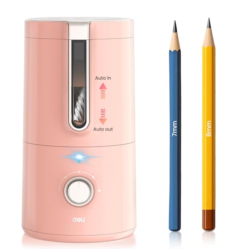 deli Electric Pencil Sharpener, Fully Automatic Pencil Sharpener, Pink | for 6.9-8mm Pencils, 5 Sharpness Modes, Rechargeable Hands-Free Sharpener for Classroom Home Office - color: Pink