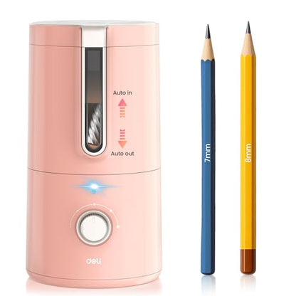 deli Electric Pencil Sharpener, Fully Automatic Pencil Sharpener, Pink | for 6.9-8mm Pencils, 5 Sharpness Modes, Rechargeable Hands-Free Sharpener for Classroom Home Office - color: Pink