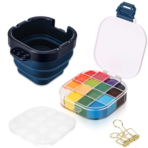 Airtight Acrylic Paint Palette Lid 16 Well Storage Box Travel Palette Paint Storage Container Fixing Clips Collapsible Brush Basin Art Supplies Organizer for Gouache Acrylic Watercolor and Oil(Blue) - color: Blue