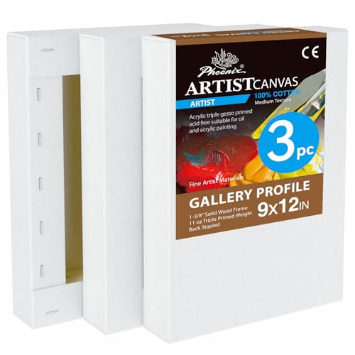 PHOENIX 9x12 Inch 3 Pack Gallery Canvas - 1.5 in Thick Canvases for Painting - Deep Edge 100% Cotton 11 Oz. Gesso Primed White Blank Professional Canvas Oil & Acrylic Paints - size: 9"x12", style: Gallery