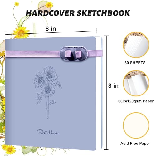 Hardcover Sketchbook for Drawing with 2 Pencil,160 Page Sketch Book,Purple | Acid Free 150GSM Thick Paper,Gift Boxed,Square Leather Art Sketch Pad Drawing Paper Book Artist's Journal for Women Adults - color: Purple