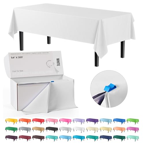 Party Solids 54 Inch X 300 Feet Value Pack White Plastic Table Cover Roll in A Cut - to - Size Box with Convenient Slide Cutter. Cuts Up to 36 Rectangle 8 Feet Plastic Disposable Tablecloths - color: White, size: 300 Feet Value Pack