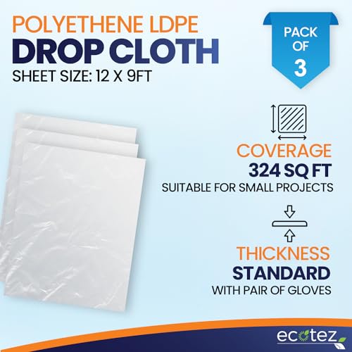 3 Pack 12 x 9 ft Extra Large Plastic Drop Cloth for Painting | Light & Durable Tarp Cover for Furniture Plastic Clear Tarp Waterproof - Paint Floor Covering - Painters Drop Cloth Sheeting - size: 3 Pack
