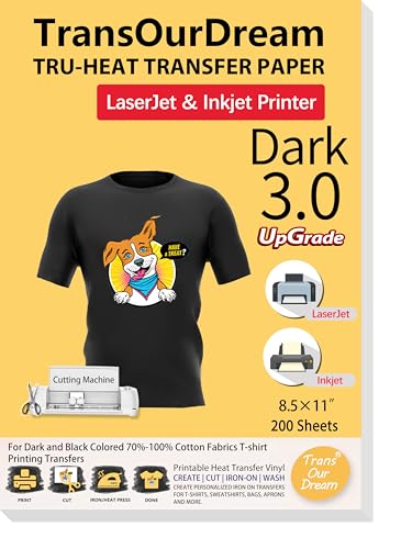 TransOurDream Tru-Heat Transfer Paper for Inkjet & LaserJet Printer (200 Sheets, 8.5x11", Dark 3.0) Printable HTV Heat Transfer Vinyl for T Shirts Iron on Transfers for Dark Fabrics - color: Dark, size: 200 Sheets