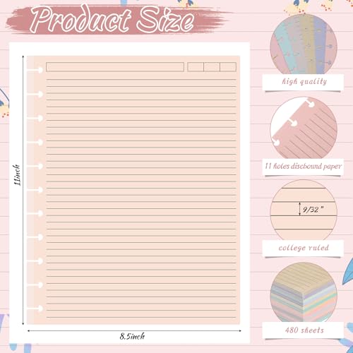 12 Pack 480 Sheets Colored Discbound Refill Paper 8.5 x 11 Inch College Ruled 11 Disc Letter Size Lined Paper Multicolored Notebooks for Refill Journaling (Pastel Colors) - color: Pastel Colors