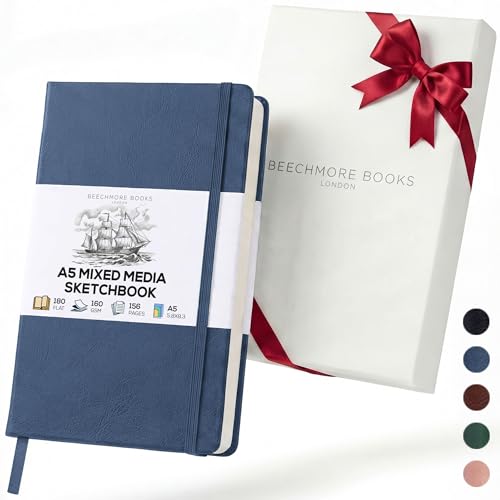 Beechmore Books A5 5.8x8.3 Mixed Media Sketchbook 160 GSM/98LB, Gift Box | Hardcover Art Journal with Lay-Flat Binding, 156 Perforated Ivory Pages, Portable Size for Drawing, Ink & Light Watercolor - color: Symphony Blue, size: A5 - 5.8" x 8.3" Medium