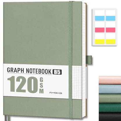 AHGXG Graph Paper Notebook, 120 GSM Paper, 96 Pages, B5 (7.6'' X 10'') - color: Sage Green, style: B5-Grid-120G