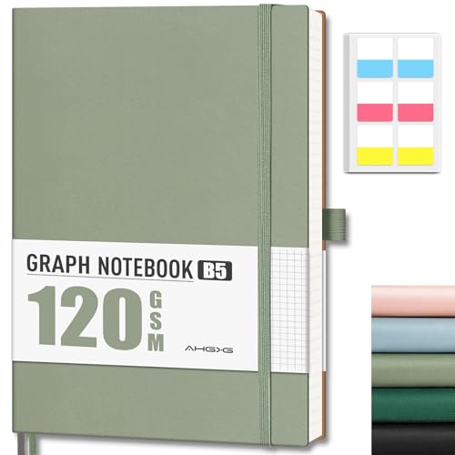 AHGXG Graph Paper Notebook, 120 GSM Paper, 96 Pages, B5 (7.6'' X 10'') - color: Sage Green, style: B5-Grid-120G