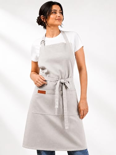 100% Cotton Kitchen Apron with 2 Pockets – Adjustable Chef Apron for Cooking Baking BBQ – Unisex Apron - color: Light Grey
