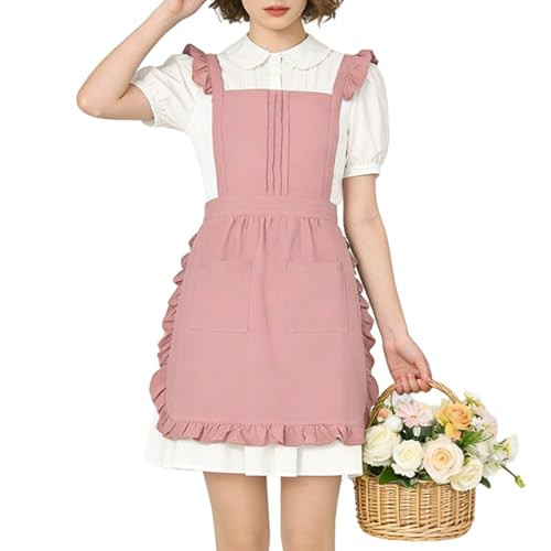 Vintage Ruffle Apron for Women, Cute Kitchen Apron for Cook - color: Pink
