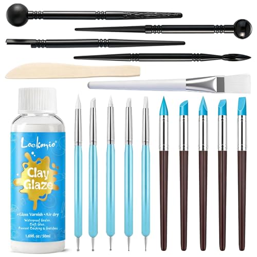17PCS Silicone Clay Sculpting Tools, Dual-Ended Dotting Tools Set with 1.7 FL OZ Air Dry Clay Glaze for Pottery, Ceramic Modeling, Rock Painting, Art Blending - Ideal for Adults & Kids DIY Crafts