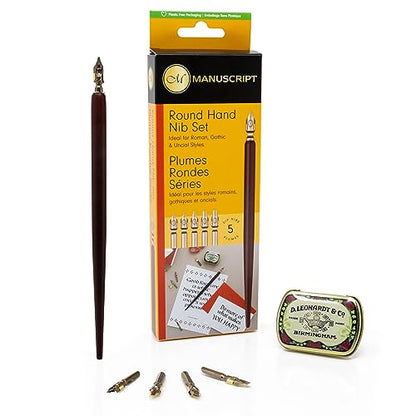 MANUSCRIPT Dip Pen Round Hand Nib Set, 5 Nibs, Mahogany Holder
