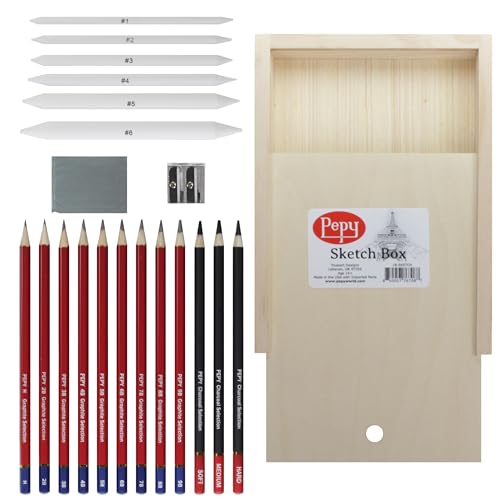 Pepy Sketching and Drawing Set in Wood Carrying Box: 3 Charcoal Pencils, 8 Graphite Pencils, Sharpener, Eraser, and Set of 6 Blending Stumps