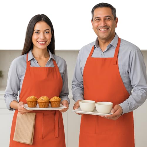 Native Fab Kitchen Apron 2 Pack - 100% Cotton Adjustable, Durable Apron with Pockets, Perfect for Cooking, Baking, Grilling - color: Orange