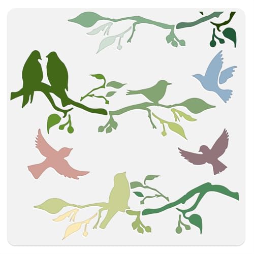 Birds On Branch Wall Stencil Template 11.8 x 11.8 Inch Reusable Plastic Stencil for Painting on Wood Wall Floor Tile Fabric Glass DIY Home Decor | 11.8" x 11.8" Plastic Craft Stencil, Branch Bird Wall Stencil, DIY Home Decor Template for Wood Wall Floor T