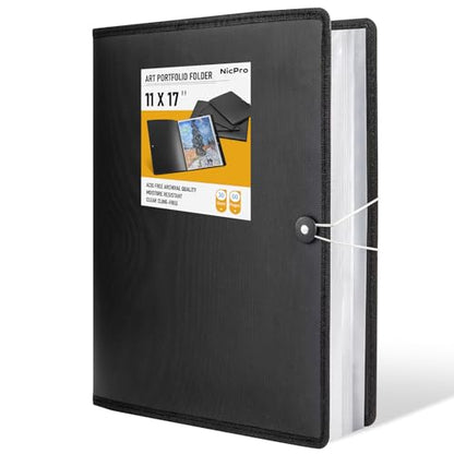 Nicpro 11"x17" Art Portfolio, 30 Pockets Display 60 Pages Art Portfolio Folder with Clear Plastic Sleeves, Artwork Storage Presentation Book for Artists, Painting Carrier Case - size: 11"x17"