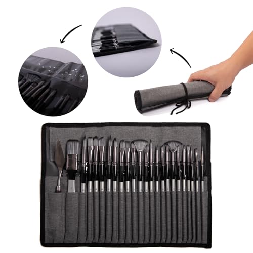 Paint Brushes Set, 24 Pcs Artist Paint Brush Set with Nylon Bristles, Wooden Handles, Roll-Up Canvas Case and Palette Knife for Acrylic, Watercolor, Oil, Gouache, Canvas Painting, Silver Gray - color: Silver Gray