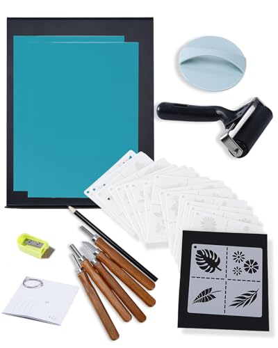 UCEC 38Pcs Linocut Kit with 12 Carving Tools, Brayer, Baren & Lino Blocks | Complete Block Printing Starter Set for Beginners, Includes 12 Wood Handle Carving Tools, A5 Linoleum Blocks, Brayer & Baren - color: Block Printing Kit-38 Pack