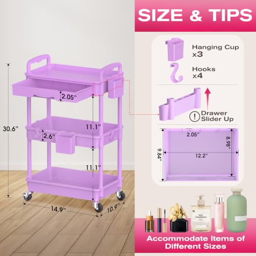 Goovilla Rolling Makeup Organizer Cart with Removable Drawer, 3 Tier Purple | Stable Floor Skincare Storage Cart for Vanity, Cosmetic Display, Nail Polish, Perfume, Hair Stuff, Beauty, Bathroom(Plastic) - color: Purple, size: 3 Tier