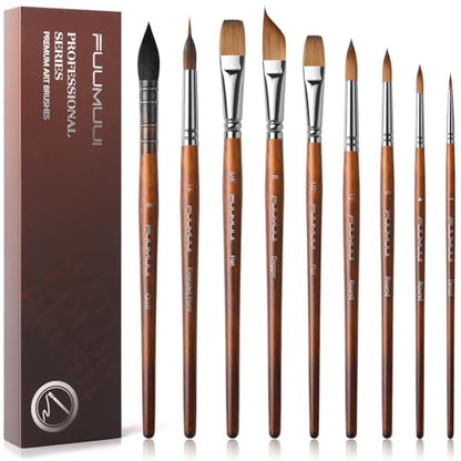Watercolor Brushes Professional, Fuumuui 9pcs Sable Paint Brushes & Natural Squirrel Mop Brush Set with Extended Needle, Round Point, Flat, Dagger, Quill Wash for Watercolor Gouache Inks - color: Bronze