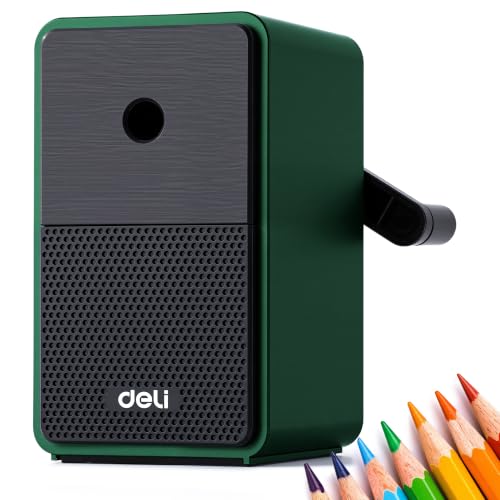 Deli Manual Pencil Sharpener, Deep Green | Auto-in Hand Crank Pencil Sharpener with Adjustable Point for Colored Pencils, Students, Kids, Classroom, Home, Office - color: Deep Green