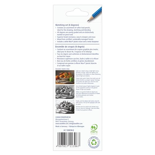 STAEDTLER Mars Lumograph Graphite Artist Sketching Set, 6 Pencils (6B, 4B, 2B, B, HB, 2H), Mini Mars Plastic Eraser, Metal Sharpener - style: 6 Pencils, Sharpener, Eraser