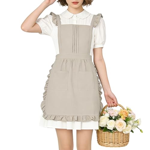 Vintage Ruffle Apron for Women, Cute Kitchen Apron for Cook - color: Beige
