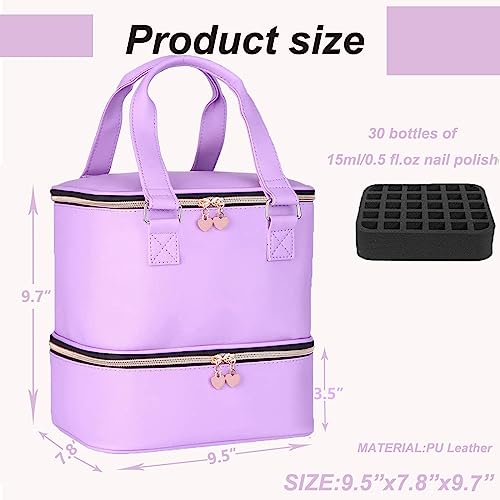 FCQQYWZ Nail polish Case, Nail Polish Organizer Bag and Nail Dryer Case Holds 30+ Bottles (15ml/0.5 fl.oz) and a Nail Lamp, Travel 2 Layer Nail Polish Storage with Sturdy Handles(Purple) - color: Purple-30Bottles