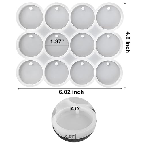 RESINWORLD 12-Cavity 1.37'' Shiny Flat Circle Silicone Mold with Hole, Pendant/Earrings/Round Keychain Mold, Pet Tag Resin Casting Mold