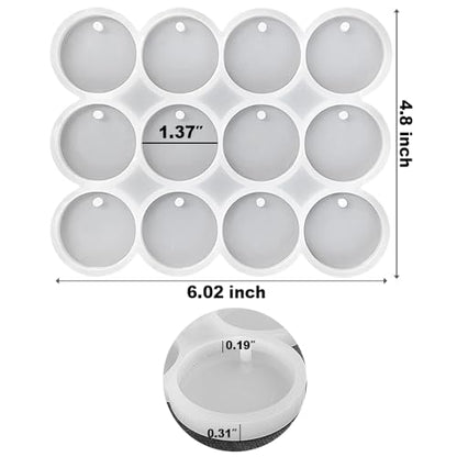 RESINWORLD 12-Cavity 1.37'' Shiny Flat Circle Silicone Mold with Hole, Pendant/Earrings/Round Keychain Mold, Pet Tag Resin Casting Mold