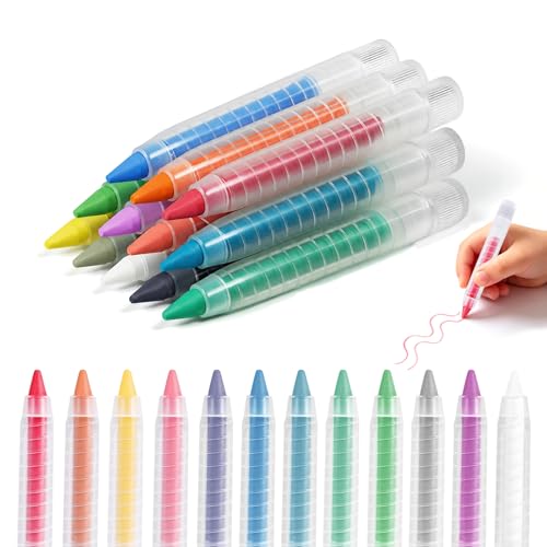 NewFamily Dustless Chalk for Kids, 12 Colors with Twist-Up Holders, Fine-Tip Washable Non-Toxic Chalk for Chalkboards, Easels and Paper, Ages 3+