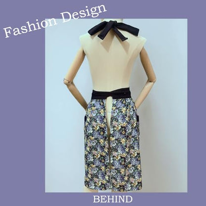 Cute Floral Apron for Women with Pockets, Cotton, Adjustable Straps - color: Navy Blue