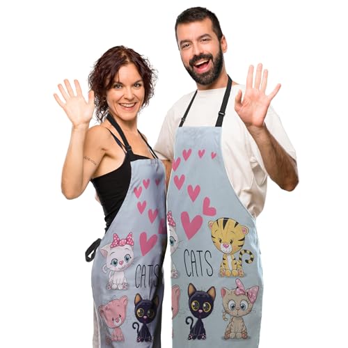 Chef Apron for Women Cute Cartoon Cats and Hearts Mans Aprons for Grilling for Kitchen Cooking Restaurant BBQ Painting Crafting 27” (W) x 31” (H), Waterproof Apron - color: Cats and Hearts