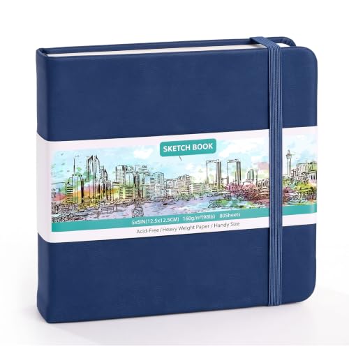 Sketch Book 5 x 5 Inch Navy Blue Small Sketchbook,80 Sheets Drawing Pad | Lay Flat, Square Drawing Journal with Ribbon Bookmark & Inner, Pocket Acid Free Paper for Pencil Charcoal Pen Travel Art - color: Navy Blue