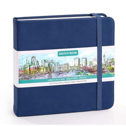 Sketch Book 5 x 5 Inch Navy Blue Small Sketchbook,80 Sheets Drawing Pad | Lay Flat, Square Drawing Journal with Ribbon Bookmark & Inner, Pocket Acid Free Paper for Pencil Charcoal Pen Travel Art - color: Navy Blue