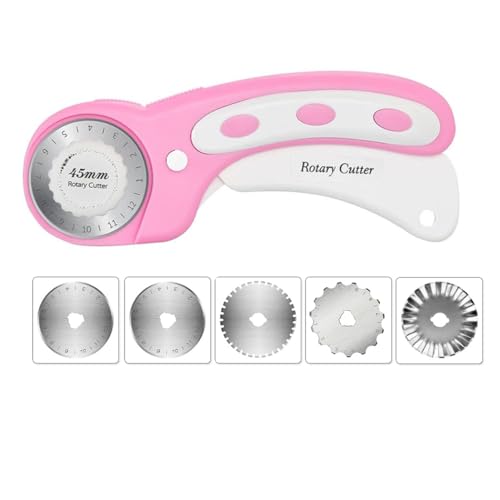 45mm Rotary Cutter with 5pcs Extra Blades, Ergonomic Handle Rolling Cutter with Safety Lock for Fabric, Leather, Crafting, Sewing, Quilting, Fabric Rotary Cutter Perfect for Left & Right Hand (Pink) - color: Pink