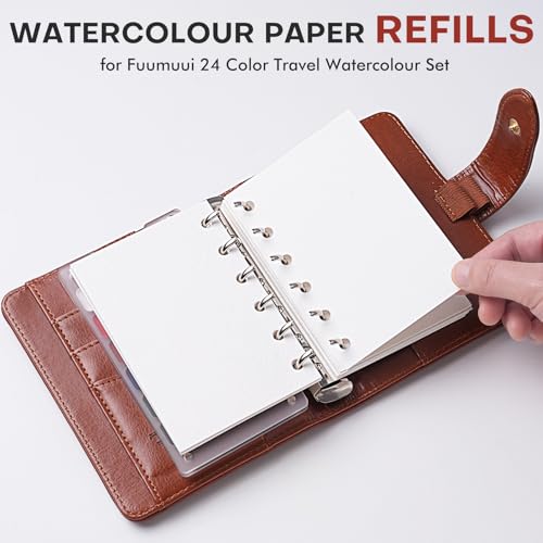 Fuumuui Watercolor Paper Refill for 24-Colors Travel Watercolor Set - 300gsm 100% Cotton Cold Pressed Pre-Punched Loose Leaf Paper, 20 Sheets Acid Free Drawing Paper Compatible - 3.1 * 4.7 Inches - size: Refill Paper(M)