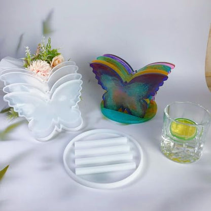 Butterfly Coaster Resin Mold Set, 5-Piece Silicone Casting Molds with Base for Table Decor, Dining Table Coffee red Wine Coaster Making Tools