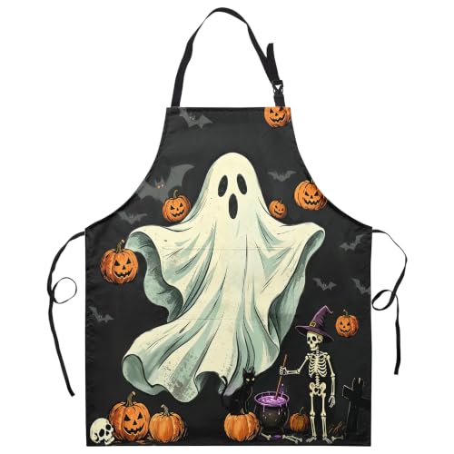 Halloween Aprons Ghost Bat Jack-O-Lantern Kitchen Apron with 2 Pockets Waterprrof Cooking Apron with Adjustable Neck Strap for Baking Crafting Gardening - color: Halloween-ghost