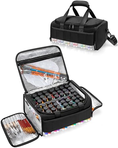 Marscamd Acrylic Paint Organizer Holds 60 Bottles (2 oz), Acrylic Paint Bag | with Tools Storage Sections & Crossbody Strap, Water-repellent fabric, Aluminum-lining, Black - color: Black