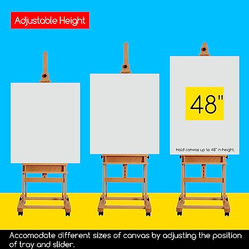 MEEDEN Large Studio H-Frame Beech Wood Artist Easel - Adjustable Movable Tilting Easel, Floor Painting Easel Stand, Holds Canvas Art up to 48" - color: Natural, size: Easel with Wheels