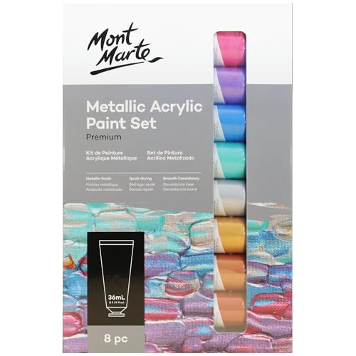 Mont Marte Premium Metallic Acrylic Paint Set, 8 x 1.02oz (36ml) Tubes, 8 Colors, Suitable for Most Surfaces Including Canvas, Card, Paper and Wood - size: 1.22 Fl Oz (Pack of 1)