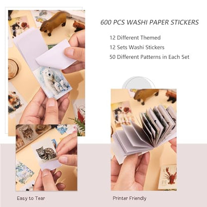 12 Sets 600 Sheets Washi Stickers Book for Journaling, Jungle Animal Sticker, Wild Zoo Sea Animal Aesthetic Scrapbook Dinosaur Sticker Set for Bullet Journal Card Craft Gift Rewards for Kid Notebook - style: Animal Style